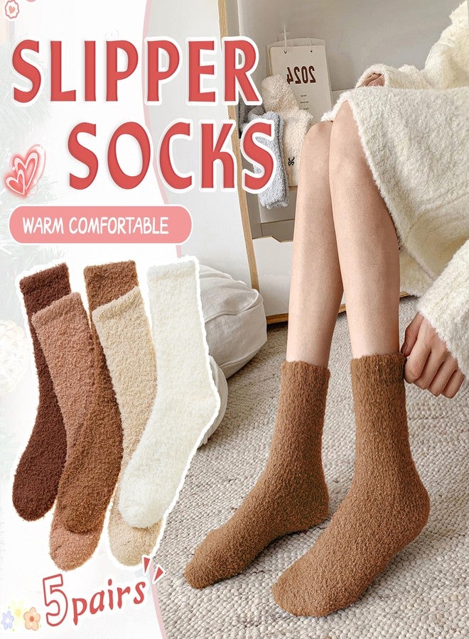 Eyean Womens Fuzzy Fluffy Slipper Socks Warm Winter Soft Thermal Plush Casual Sleep Cozy Home Socks (5 Pairs White khakiK) - Image 5